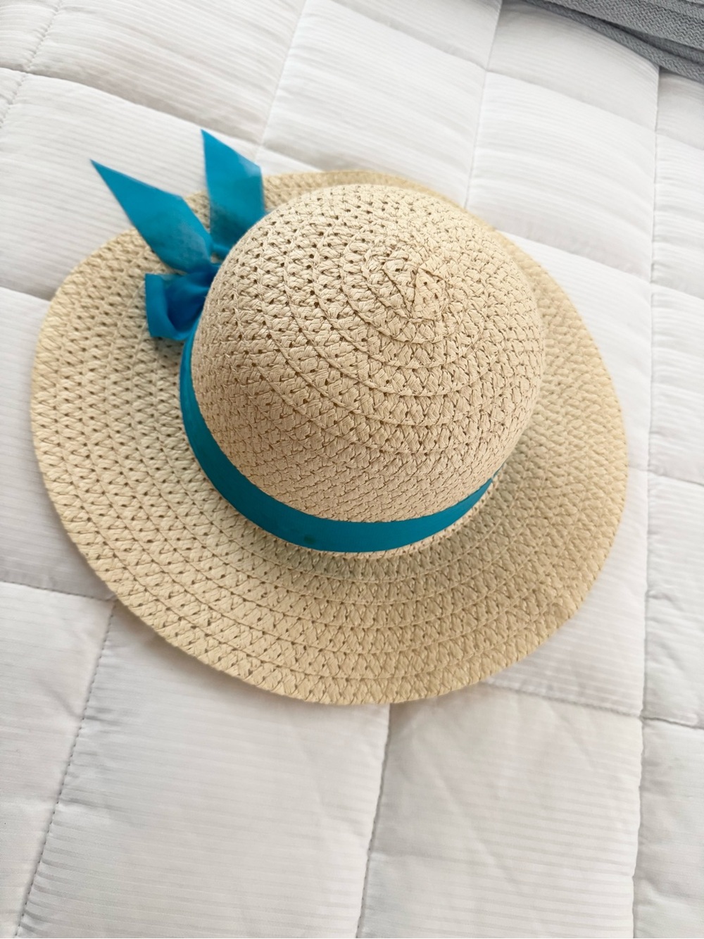 Natural Color Straw Wide-Brim Floppy Sun Hat with Turquoise Ribbon Bow, NWOT - Picture 2 of 3